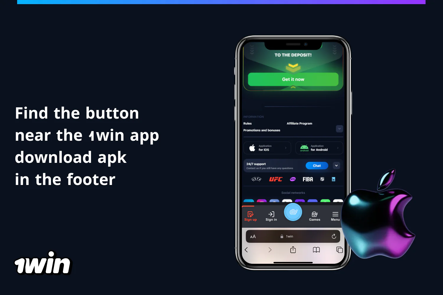 To download the application to iPhone, a user from Nigeria should click the button next to the 1win Download APK application in the footer