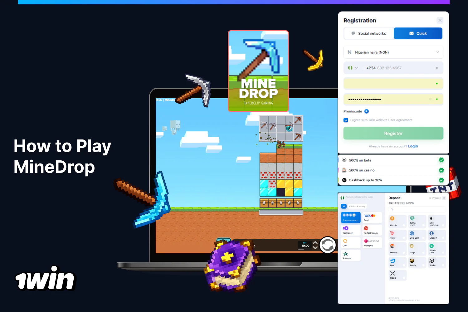 To play MineDrop for real money, Nigerian users must create a 1win account and fund their account